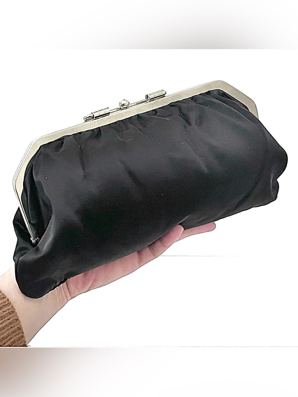 Vintage Black Satin Clutch Silver Frame Evening Bag